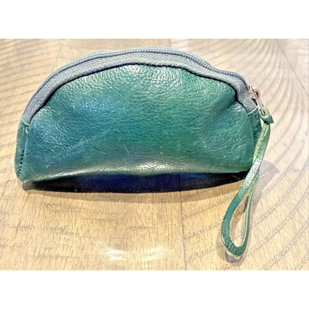 IL BISONTE Leather Pouch Small  Zip Coin Purse green Genuine Leather Italy - Picture 3 of 7